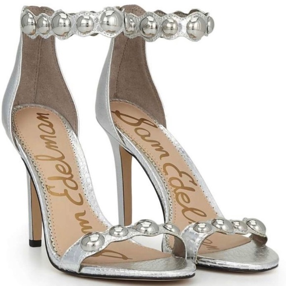 Sam Edelmen Addison Embellished Ankle Strap Sandal Stiletto Heel Metallic Silver - Picture 2 of 16